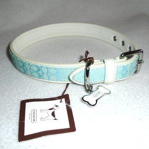 NEW COACH WHITE LEATHER BLUE JACQUARD SIGNATURE C DOG COLLAR 60364 SIZE MEDIUM